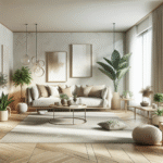 A modern Scandinavian living room with neutral tones, natural light, and stylish furniture.