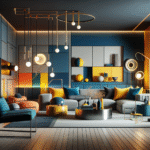 A modern living room with a bold color palette, featuring contemporary furniture and unique lighting solutions.