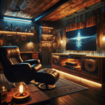 Stemningsfull mancave interiør: mørke vegger, varm LED-belysning, komfortabel recliner, stor flatskjerm, trepanel og industrielle detaljer, koselig atmosfære