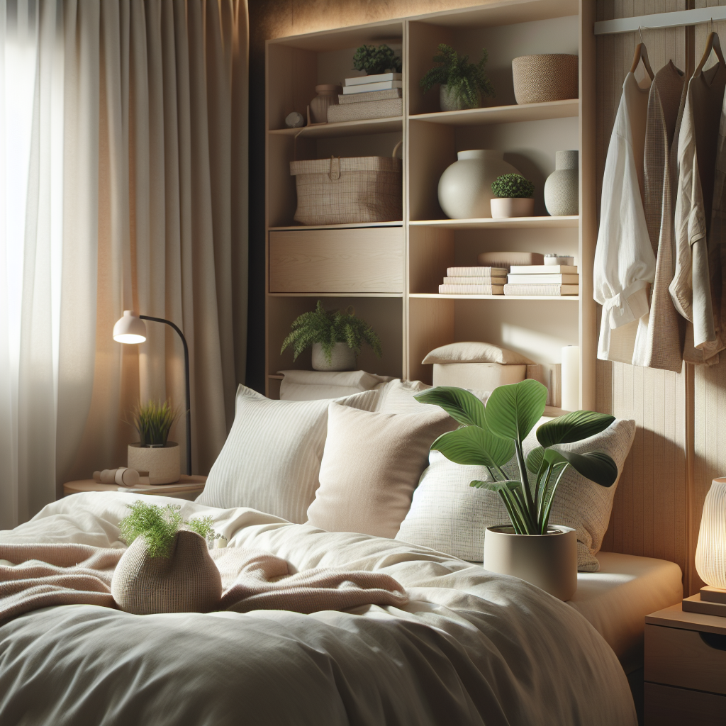 Lyst nordisk soverom med myke tekstiler, dempet varm belysning, grønn plante ved vinduet og smart oppbevaring, minimalistisk og innbydende