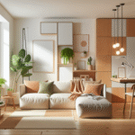 Lys, moderne stue med fleksible møbler: modulsofa, foldbart skrivebord, grønne planter og varme tekstiler, minimalistisk skandinavisk interiør
