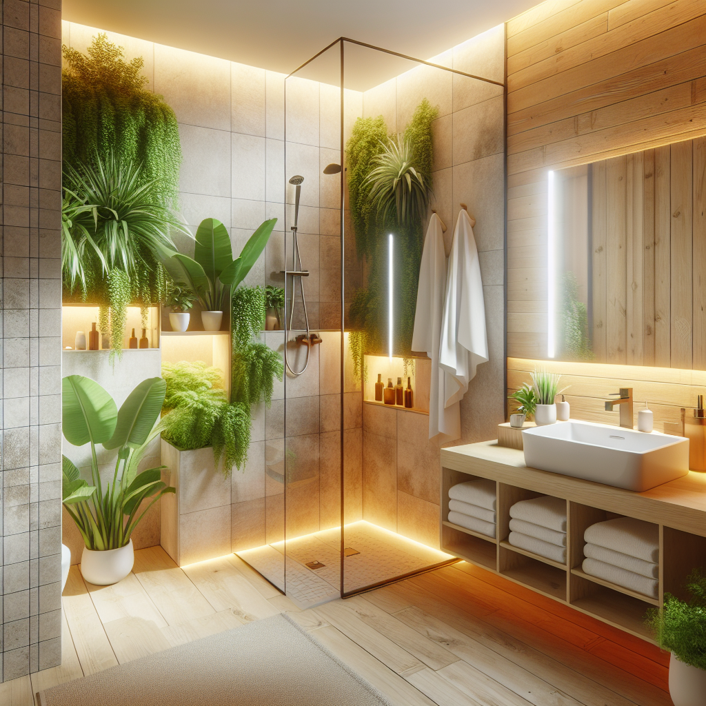 Lyst og moderne lite baderom med spa-følelse: tre- og steindetaljer, frodige grønne planter, varmt skrått LED-lys og glassdusj, minimalistisk skandinavisk stil