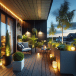 En moderne nordisk balkong med komposittdekke, grønne planter i stilrene potter, varme LED-lys i kveldslys, værbestandige møbler og dekorative tekstiler