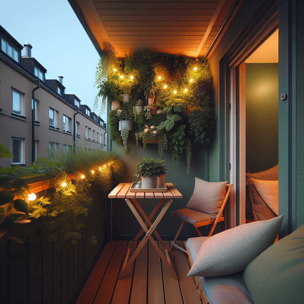 Liten nordisk balkong med grønn plantevegg, foldbart trebord, lyse puter, varme LED-lys og nordisk minimalisme, fotograferingsstil, høykvalitets