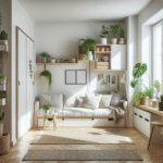 Liten, lys skandinavisk stue med multifunksjonell sofa, innebygd oppbevaring, minimal dekor, grønne planter og mye naturlig lys